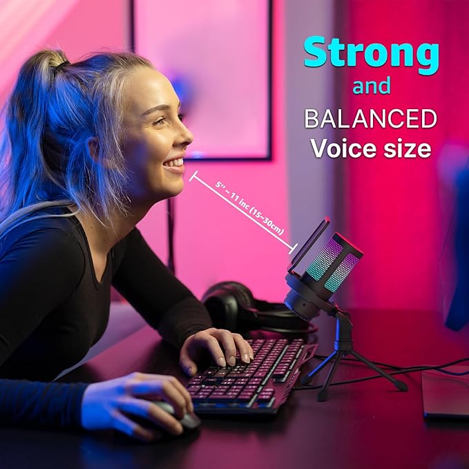 IXTECH USB Gaming Microphone for PC RGB Condenser Microphone with Tripod Stand Pop Filter Rotate Gain Button and Quick Mute Noise Cancellation Computer Mic for Streaming Gaming Podcasting