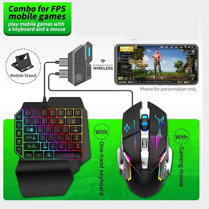 VBESTLIFE Half Hand Gaming Keyboard and Mouse Combo 38 Keys Single Handed Wired RGB Keyboard and Gaming Mouse Converter for Android PC Gaming Player
