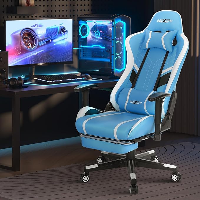 Gaming Chair Massage PC Gaming Chair Office Chair Ergonomic Computer Chair with Rolling Swivel Task Chair Lumbar Support Footrest Headrest Light Blue