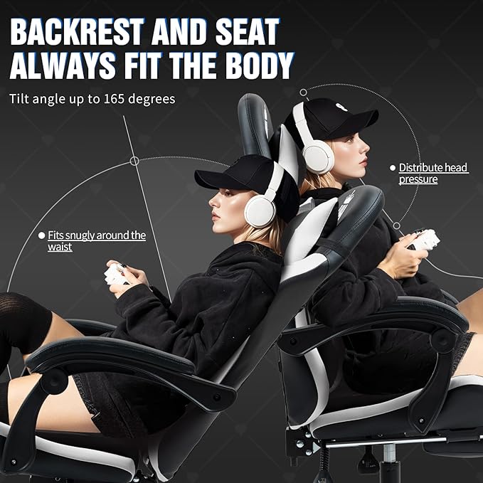 Gaming Chair with Footrest Ergonomic Computer Chair for Adult Adjustable Headrest Lumbar Pillow Large Size Reclining Gaming Chair Big and Tall with Linkage Armrest for Home Office Gaming