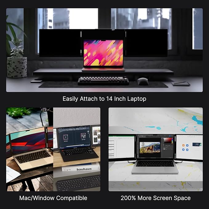 14 Pro Triple Laptop Glass Screen Extender Dual 14 2k Portable Monitors 144Hz 100% DCI-P3 500 Nits Aluminum Finish for 14 MacBook Pro &amp Windows for Gaming Creators &amp Professional