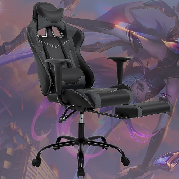 Gaming Chair Computer Chair Ergonomic Gaming Chair with Footrest Reclining High Back Video Game Chair with Lumbar Support Headrest Armrest Swivel Seat for Women Men (Grey)