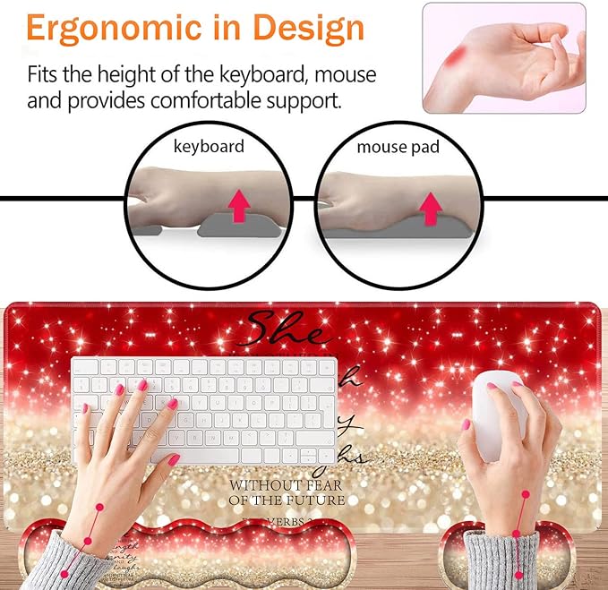 Large Gaming Mouse Pad Keyboard Wrist Rest + Mouse Wrist Pad + Coaster Combination Set Memory Sponge Non-Slip Base. Suitable for Office and Home Red Glitter Quote Proverbs 31-25