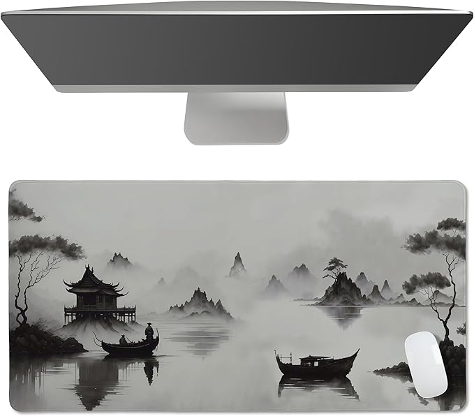 Sweet Jojo Designs Large Mouse Pad (Black and White Traditional Japanese) Desk Mat for Keyboard and Mouse Pads Gaming Mousepad Office Desk Accessories for Men &amp Women (Grey Asian Ink Wash Japa