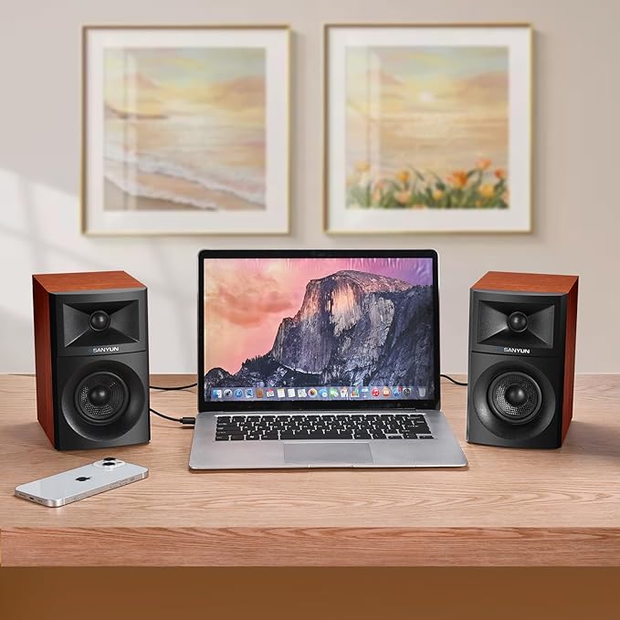 Sanyun SW203 4.0 Computer Speakers - 60W 4-Way DSP Control 3D Immersive Sound - 3 Carbon Fiber Woofer &amp 20mm Silk Dome Tweeter - 24bit DAC USB/Bluetooth 5.4/AUX - Studio-Grade Audio (Pair Red)