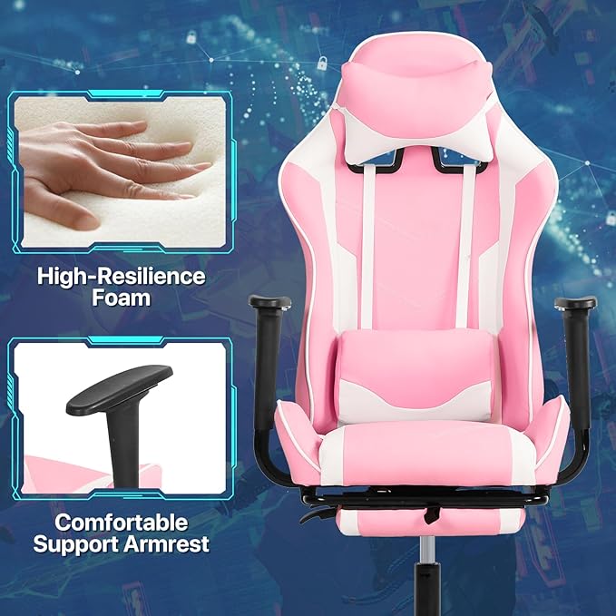 Ergonomic Gaming Chair - Reclining Computer Chair with Lumbar Support &amp Headrest Pillow Adjustable Footrests 90-135° Recline for Home Office &amp Gaming Heavy Duty 250lbs Capacity Pink