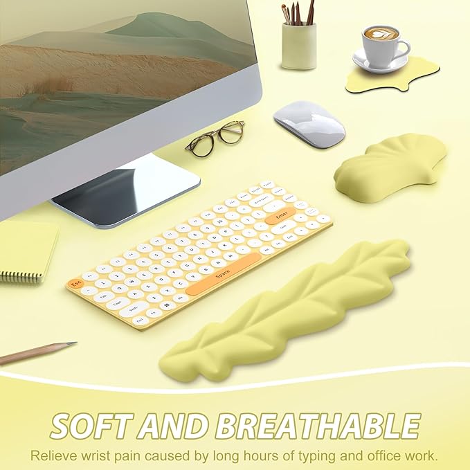 Keyboard Wrist Rest Set Wrist Rest for Keyboard and MouseWrist Rest with Non-Slip PU Base Comfortable Memory Foam Ergonomic Wrist Support Pad Arm Cushion for Computer Laptop Mac Pastel Yellow