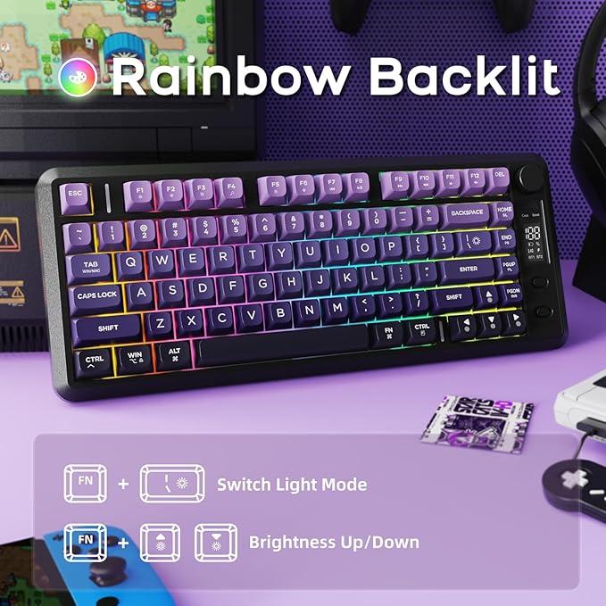 M75 Wireless Gaming Keyboard Mechanical Feel Membrane with Knob &amp OLED Display Bluetooth/2.4Ghz Rainbow Backlit Gradient PBT Keycaps 2000mAH Battery Anti-Ghosting-Purple