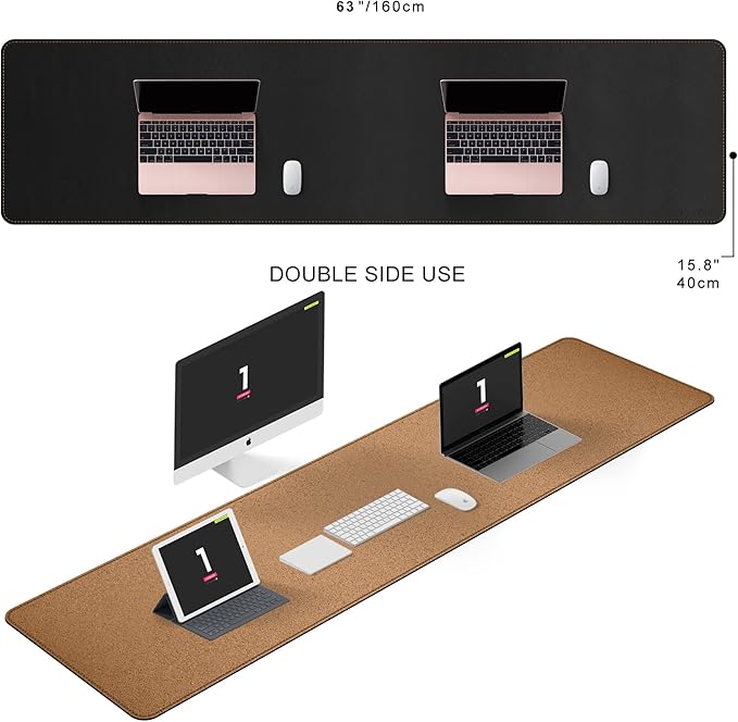MAIDERN 63”x 15.7” Leather Desk Pad XXL Large Desk Mat Cork &amp Leather Large Mouse pad for Desk Waterproof Computer Desk Pad for Gaming Home Office (Black) …