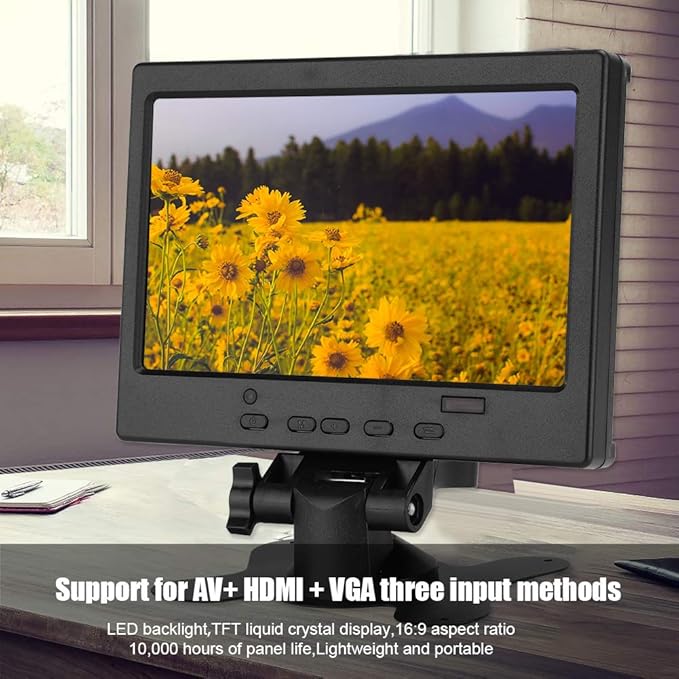 Hilitand 7 inch LCD Monitor 16:9 800:1 1024x600 250cd/m² LED Backlight Widescreen 1080P HD Monitor Mini Screen w/SpeakerSupport HDMI/VGA/AVfor/Car Display/CCTV(US)