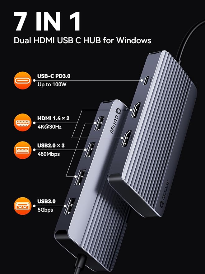 QUUGE Docking Station Dual Monitor 2 HDMI 7 in 1 USB C Hub with Dual HDMI 4K PD Charging 5Gbps USB 3.0 3 USB2.0 USB C Docking Station for Dell XPS/HP/Lenovo/Surface/Yoga etc