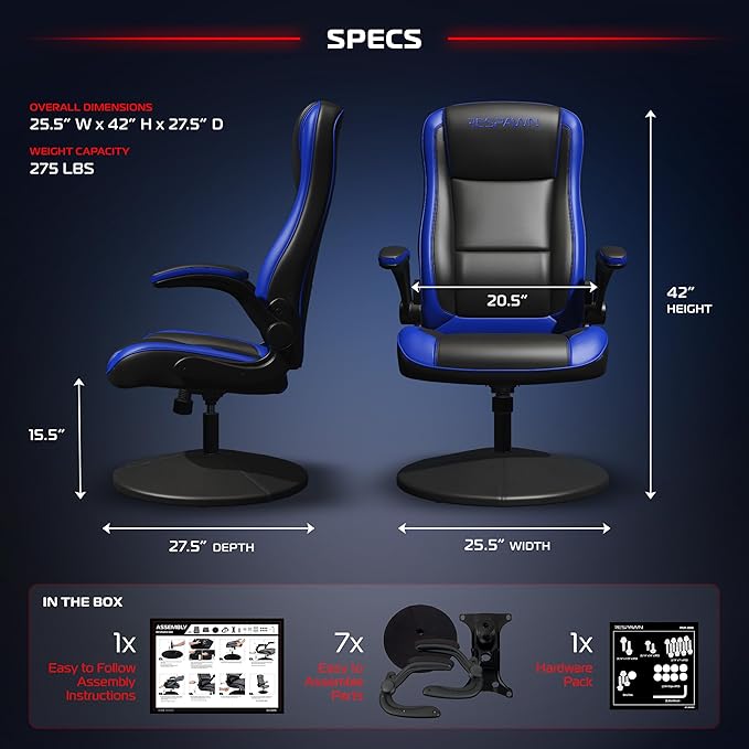 RESPAWN 800 Swivel Rocker Gaming Chair - Ergonomic Floor Gaming Seat with Lumbar Support Flip Up Armrest High Back Pedestal Base Comfortable No Wheels Console Video Game Rocker Chair - Blue