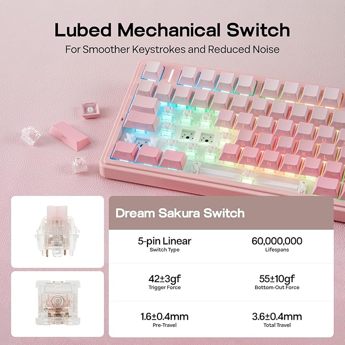 EPOMAKER X Aula F75 75% Wireless Gaming Keyboard BT/2.4GHz/USB-C Hot Swappable Creamy Mechanical Keyboard with 5-Layer Padding&ampKnob NKRO RGB (Pink)