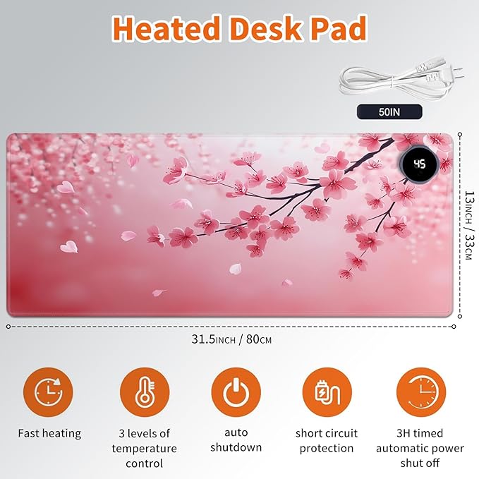 Heated Mouse PadWarm Desk Pad with 3 Levels Heating &amp 3 Hours Auto Shut-Off PU Leather Heated Desk Pad Warmer Pad for Home Office - 31.5 x 13 inchCherry Blossoms