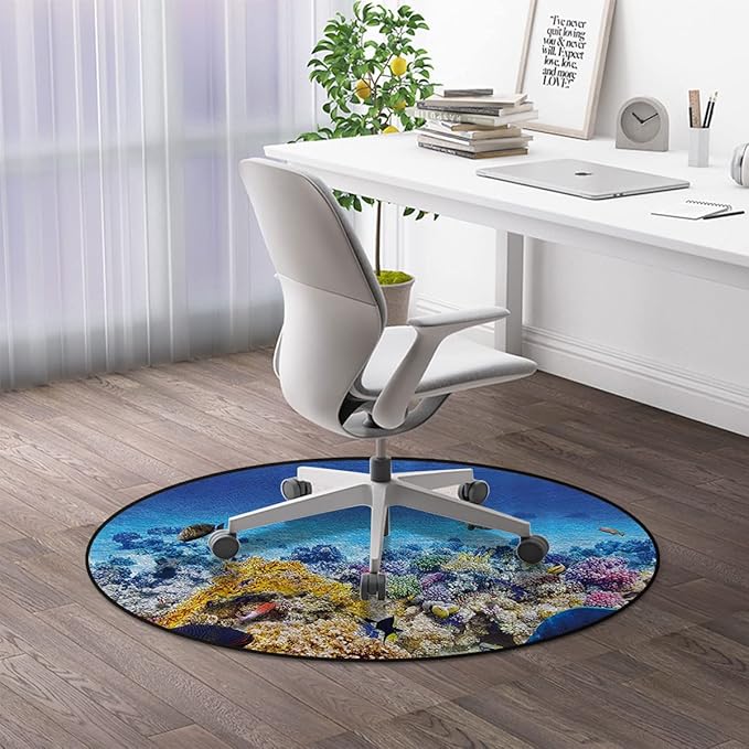 Turquoise Carpeted Floor Anti-Slip Floor Protector Gaming Computer Chair Mat for Office Gaming Underwater Sea World Scene with Goldfish Room Round Chair Mat Ocean Decor Diameter 48 in