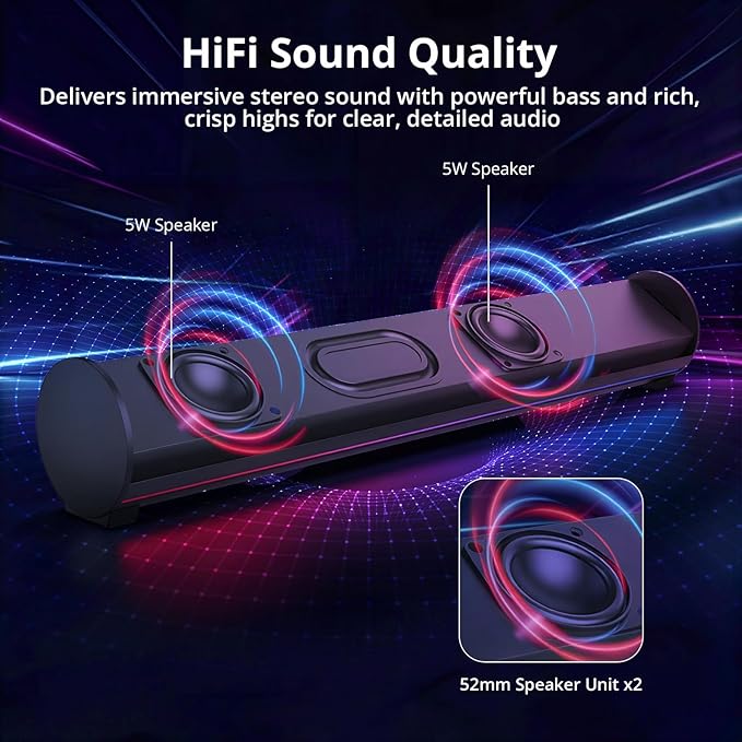 Computer Sound Bar with Detachable ENC Microphone Enhanced Bass Gaming Soundbar Bluetooth 6.0 USB-A Plug and Play PC and Bluetooth Mode 3EQ 10 RGB Speaker for Gaming MusicMeeting