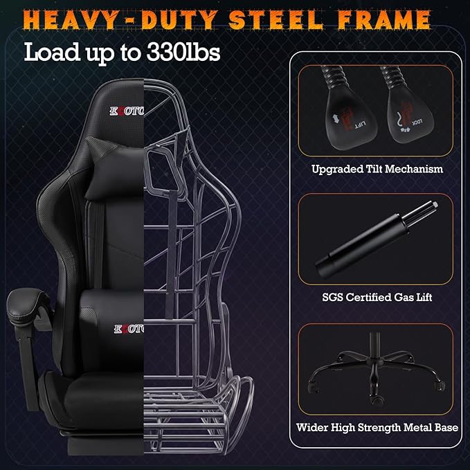 ECOTOUGE Ergonomic Gaming Chair Video Game Chair with Removable Back Cushion Gamer Chair with Massage Lumbar Pillow &amp Footrest Computer Office Gaming Chair with Reclining Backrest Black
