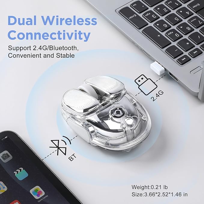Q9 Wireless Mouse 2.4G/BT Dual Mode 4 Adjustable DPI (800-4800) Ultra-Quiet Click Bluetooth Mouse with RGB Breathing Light 500mAh Long Battery Portable for PC/Laptop/Mac/Tablet(Silver)