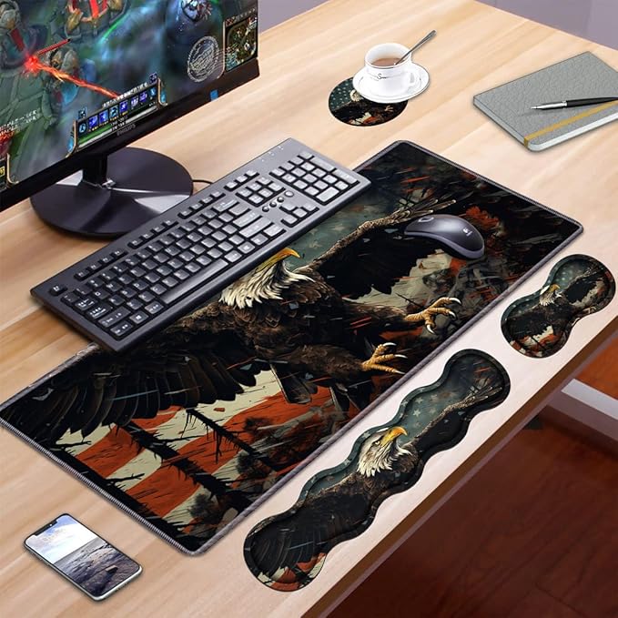 Ergonomic Keyboard Wrist Rest &amp Mouse Pad Wrist Rest SetLarge XXL Gaming Desk Mat 31.5x 11.8Non-Slip Base Memory FoamEasy Typing Pain Relief for Office &amp HomePatriotic American Flag Bal
