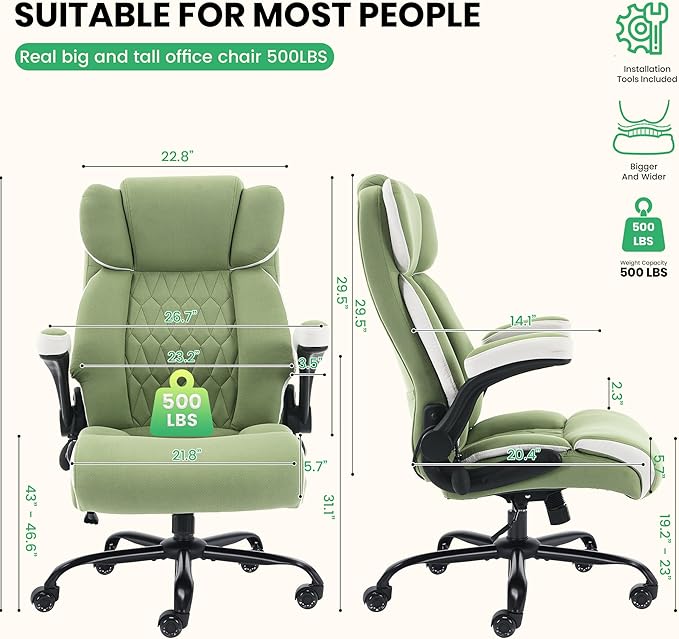 500lbs Big and Tall Office Chair Adjustable Lumbar Support for Back Pain Extra Wide Seat Executive Office Chair Thick Armrest Pad Heavy Duty Base&ampUpgraded Wheels Ergonomic Comfy Computer Desk C