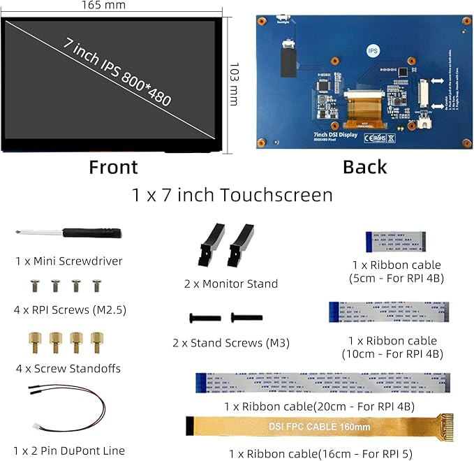 7 Inch Touchscreen MIPI DSI Display Compatible with Raspberry Pi 5/4/3/B+/A+ 800x480 Pixel Capacitive Screen Driver-Free DSI Port