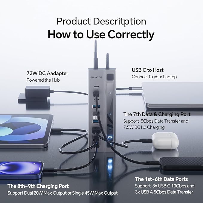Powered USB C Hub 9-in-1 USB-Hub suppprt 10Gbps &amp PD 45W Max Charging(Not Support Video) USB Powered Hub with 3 USB-C 4 USB-A for Laptop MacBook iPad and More (72W Adapter Included)