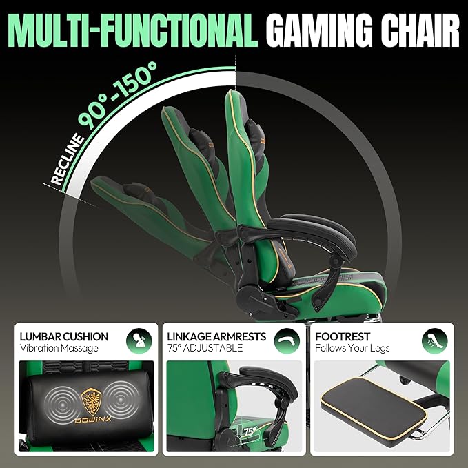 Dowinx Gaming Chair Big and Tall 350LBS Heavy Duty PC Gaming Chair with Massage &amp Footrest Ergonomic Reclining Gamer Chair with Embroidered Esports Design Green