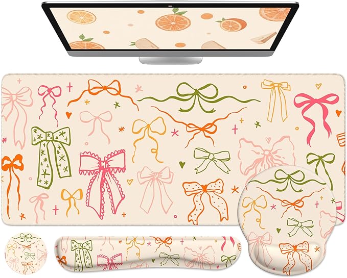 iLeadon Desk Protector Mat Non Slip Long Mouse Pad and Keyboard Wrist Rest Carpal Tunnel Mouse Pad and Computer Wrist Support Soft Ergonomic Keyboard Pad with Wrist Support for Women Office (Bow)
