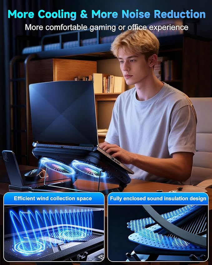 Laptop Cooling Pad with Dual Core Cooler Gaming Laptop Cooler with 5.5in 2 Powerful Turbofan(9500 RPM) Fast Cooling Laptop 12-21in 5 Height Stands 100 Gear Speed LCD Screen RGB Phone Holder