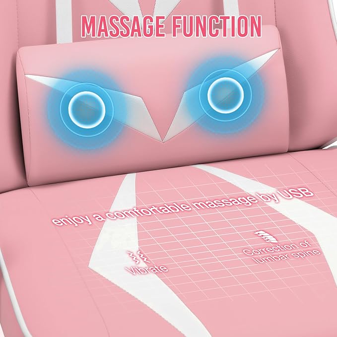 HOFFREE Massage Gaming Chair with Pocket Spring Cushion 155° Reclining Computer Gamer Chair with Footrest and Adjustable Armrests Ergonomic Video Game Chairs Pink and White