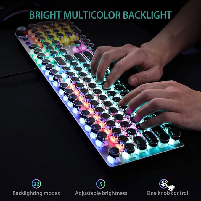 AULA F2088 Typewriter Style Mechanical Gaming Keyboard WiredBlue SwitchesRainbow LED BacklitRemovable Wrist RestMedia Control KnobRetro Punk Round KeycapsUSB Wired Computer Keyboard