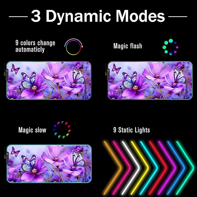 RGB Gaming Mouse Pad with Coffee Coaster XXL Large Glowing LED Mousepad Anti-Slip Rubber Base Computer Keyboard Desk Mouse Mat 31.5 X 11.8 Inch - Purple Flowers and Butterfly