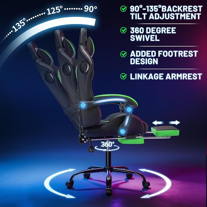 HOFFREE Gaming Chair with Bluetooth Speakers and Led Lights Massage Computer Gamer Chair with Footrest Ergonomic Video Game Chair for Adults Green and Black