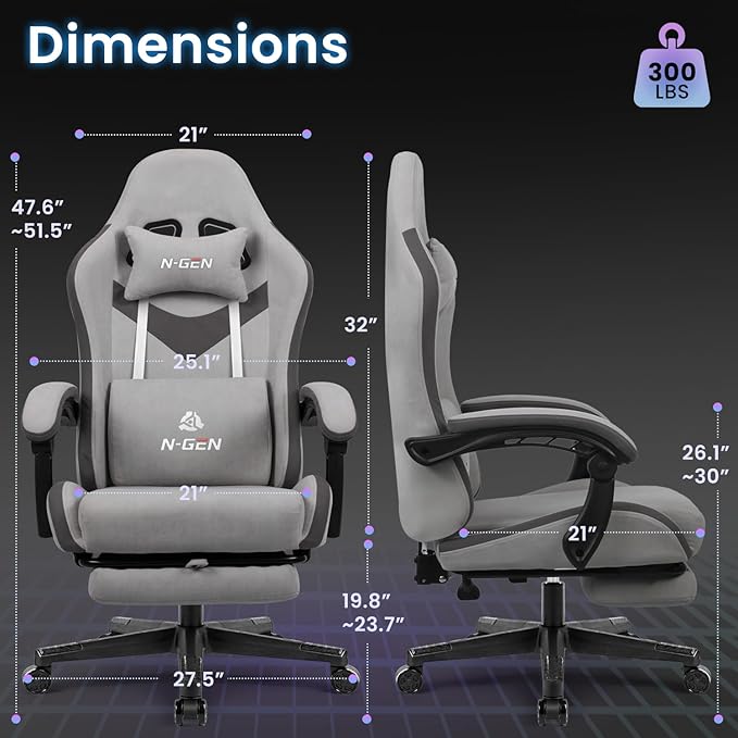 N-GEN GAMING Video Gaming Chair Office Computer Desk Use Ergonomic Reclining Backrest Adjustable Armrests Lumbar Support Footrest High Density Foam Breathable Fabric Heavy Duty Base (Grey)