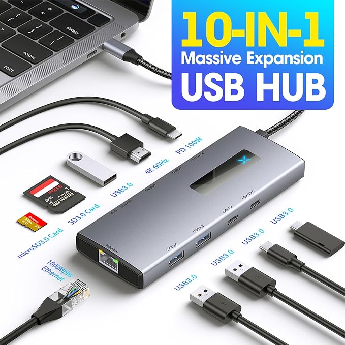 USB C Hub Laptop Docking Station Monitor 10 in 1 Type-C Multiport Adapter with HDMIPD100W USB A and C 3.0 Ports SD/Micro SD Card Ethernet Dock for Mac/Dell/HP/Surface/Steam Deck