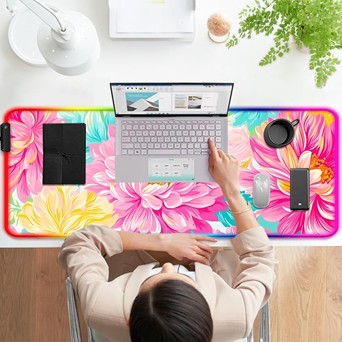 RGB Pink Flower Gaming Desk Mat Computer Keyboard Large Extended Long Floral LED Mouse Pad for Office and Home XL (W29)