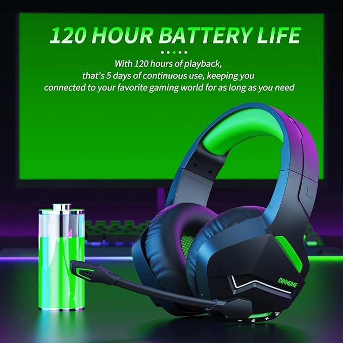 BINNUNE 2.4GHz Wireless Gaming Headset Bluetooth 5.3 Gaming Headphones with Noise Canceling Mic 120H Ultra-Long Battery 50mm Drivers Multi-Platform for PC / PS5 /PS4/ Switch/Mobile Green