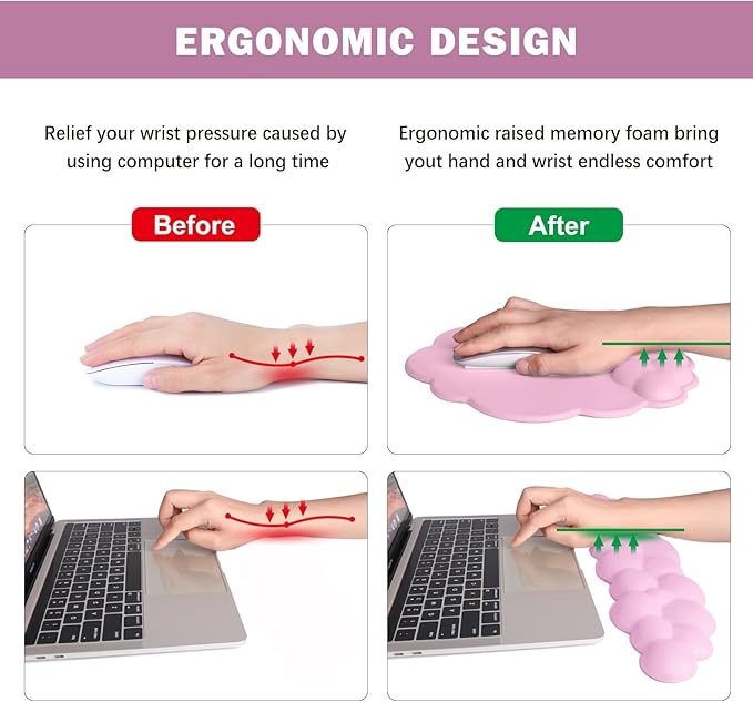 Cloud Keyboard Wrist Rest and Mouse Pad with Wrist Support Set Ergonomic PU Leather Mouse Pads Pain Relief Memory Foam Non-Slip Mousepad for ComputerLaptopPink
