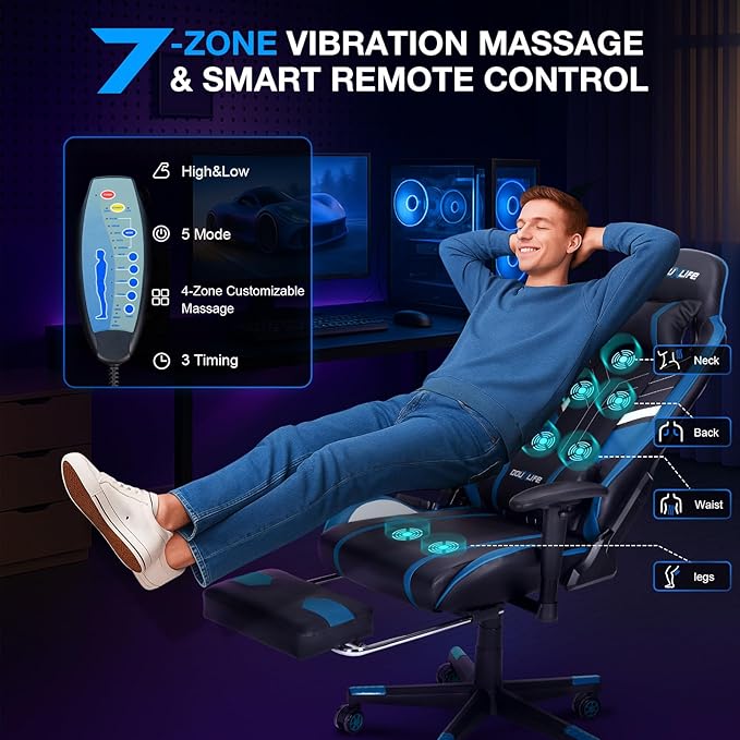 Douxlife 7-Point Massage Gaming Chair with Footrest 400lbs Heavy Duty Ergonomic Computer Chair 175° Reclining High Back Racing Seat for Adults with Adjustable Armrests &amp Lumbar Support Blue