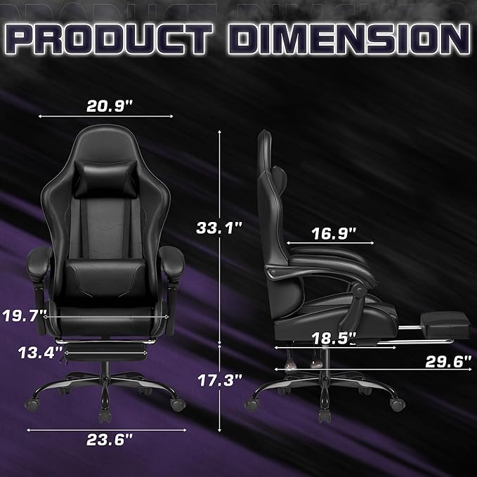 Homall Gaming Chair Video Game Chair with Footrest and Massage Lumbar Support Ergonomic Computer Chair Height Adjustable with Swivel Seat and Headrest (Dark Black)