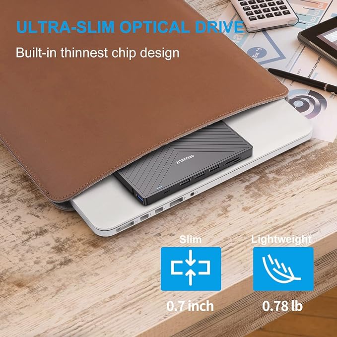External CD DVD Drive Ultra Slim CD Burner USB 3.0 with 4 USB Ports and 2 TF/SD Card Slots Optical Disk Drive for Laptop Mac PC Windows 11/10/8/7 Linux OS
