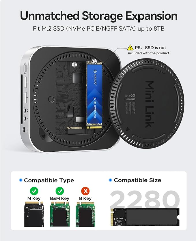 ORICO USB Hub Compatibility with Mac mini M4 9-in-1 Aluminum Dock with SSD Enclosure for NVME/SATA M.2 USB A 10Gbps 3.0 SD/TF Card Readers 3.5mm Audio Jack