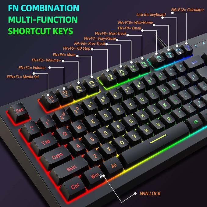GOWENIC RGB Gaming Keyboard USB Wired LED Backlit 87 Key Ergonomic Keyboard for PC Computer Gaming Work and Laptop Wired Keyboard for Typing