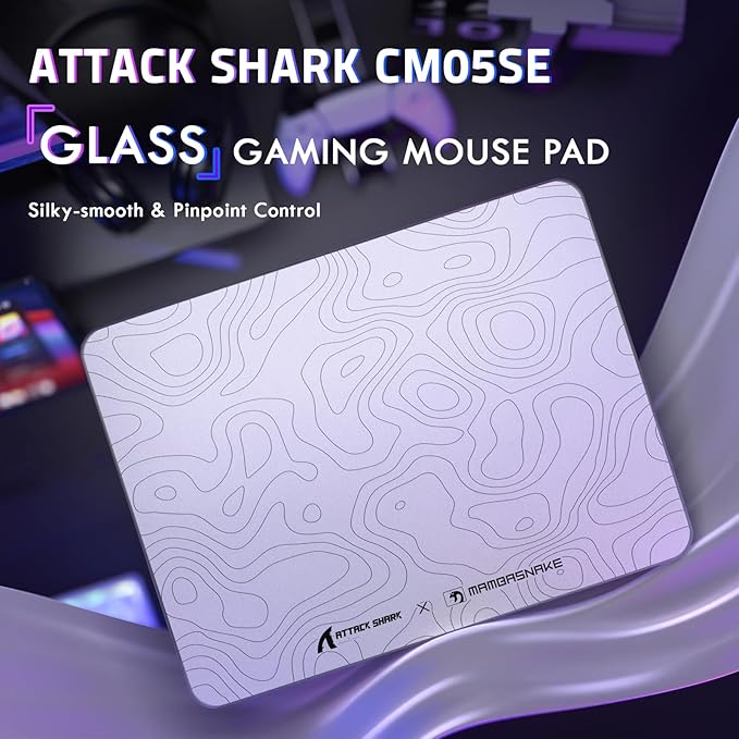 ATTACK SHARK CM05SE Glass Gaming Mouse Pad for FPS &amp Esports Nano-Etched Tempered Glass SurfaceUltra-Smooth Low Friction Hard MousepadWaterproof Large Desk Mouse Mat for PC SetupWhite Contour