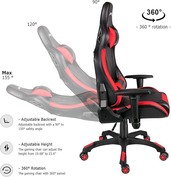 Leopard Gaming Chair High Back PU Leather Office Chair Adjustable Video Gaming Chairs Swivel Racing Chair with Adjustable Armrest (Black/Red)