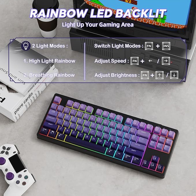 ZIYOU LANG M87 75% Wireless Gaming Keyboard Mechanical Feel Silent Rainbow Backlit Bluetooth/2.4Ghz PBT Gradient Keycaps Rechargeable 4000mAH Battery Ergonomic for MAC/Win/PC-Purple