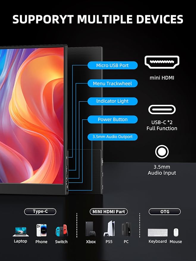 Portable Monitor 15.6 1080p IPS Touchscreen Portable Monitor Mini HDMI/USB C Dual Speakers with Cover for Switch PS4/5 Laptop Phone