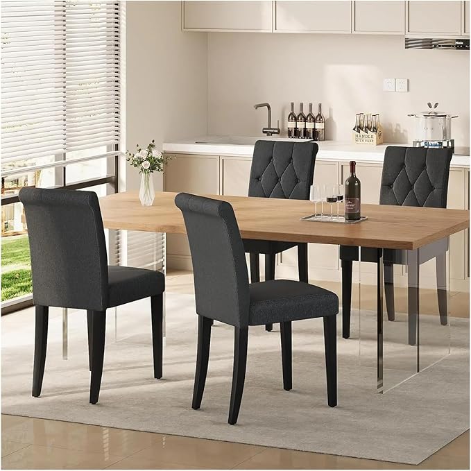 Adjustable Office Computer Chair with Armrest 2pcs Black Fabric Upholstered Dining Chairs with Button Tufted Backrest and Solid Wood Legs