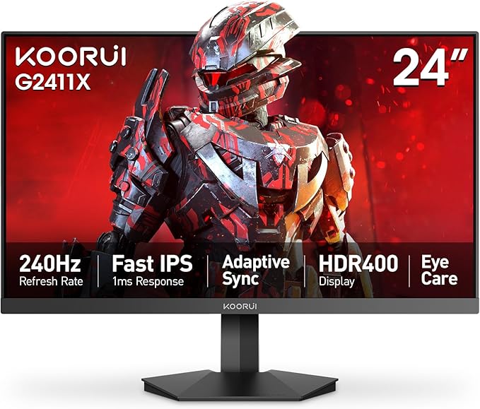 KOORUI 24 Gaming Monitor 240Hz 1ms Fast IPS FHD HDR400 Display 90% DCI-P3 Color Gamut Adaptive Sync Ultra Slim Frame VESA Mountable HDMI 2.0 DP 1.4