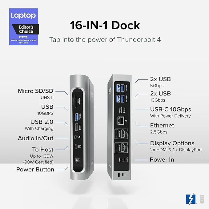 Plugable 16-in-1 Thunderbolt 4 Dock – Dual 4K Monitors for M4/M5 MacBook Air/Pro 100W Charging 2X HDMI 2X DisplayPort 2.5G Ethernet 7X USB MicroSD/SD Card Reader Windows &amp USB4 Compatible